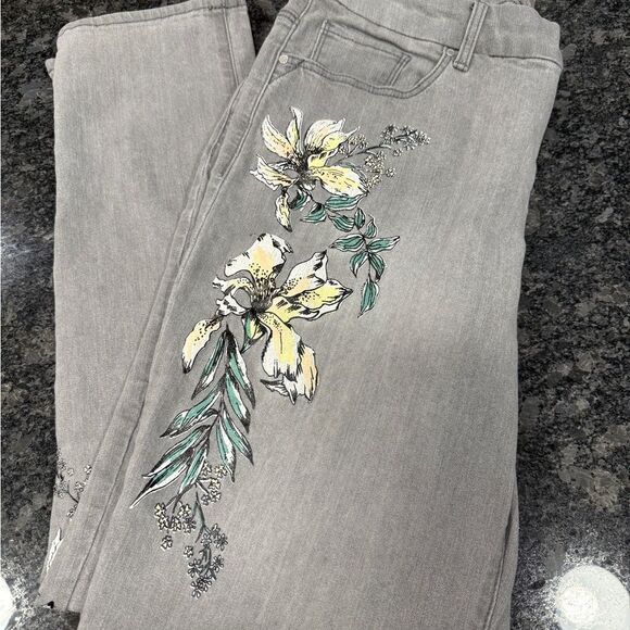 Chico's Gray Jeans with Yellow Floral Embroidery - Picture 1 of 7